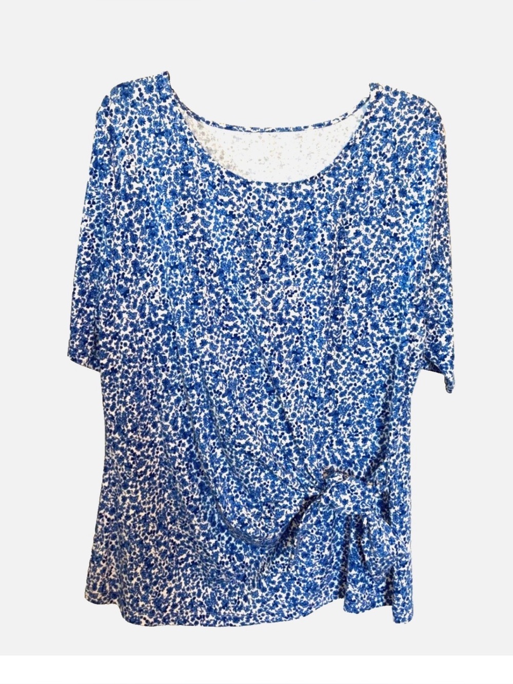 Lands’ End XL Blue White Floral Side Tie Short Sleeve Top Stretch Knit